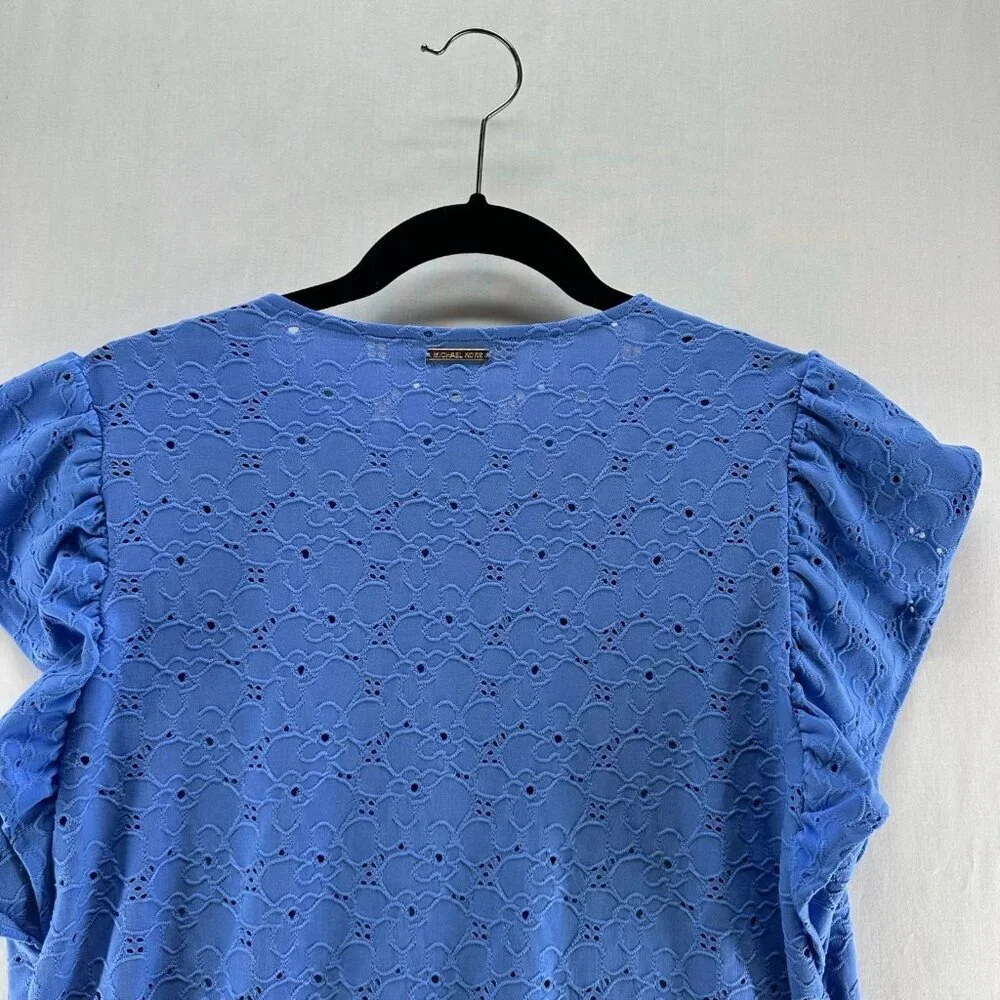 Michael Kors Floral Lace Eyelet Top Womens M V-Neck Ruffle Sleeve Pullover Blue